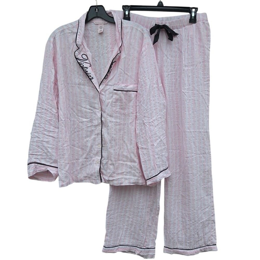 Victoria's Secret Flannel Signature Embroidered Pink Stripe Iconic L Pajama Set